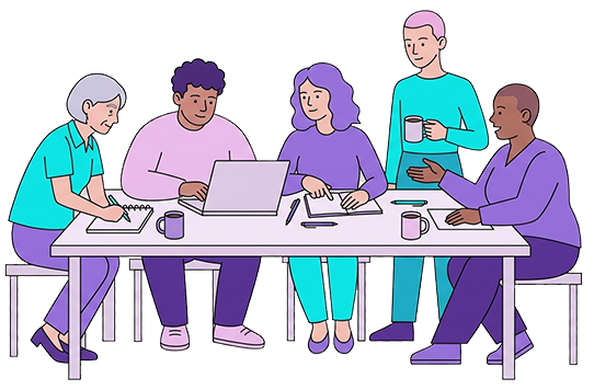 Equipo diverso colaborando en torno a una mesa de trabajo
